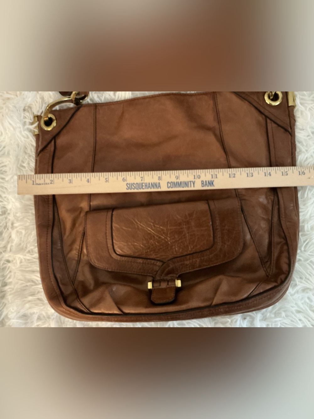 orYANY Brown Leather Large Shoulder Bag Gold Hardware Whipstitch Boho - Picture 12 of 12